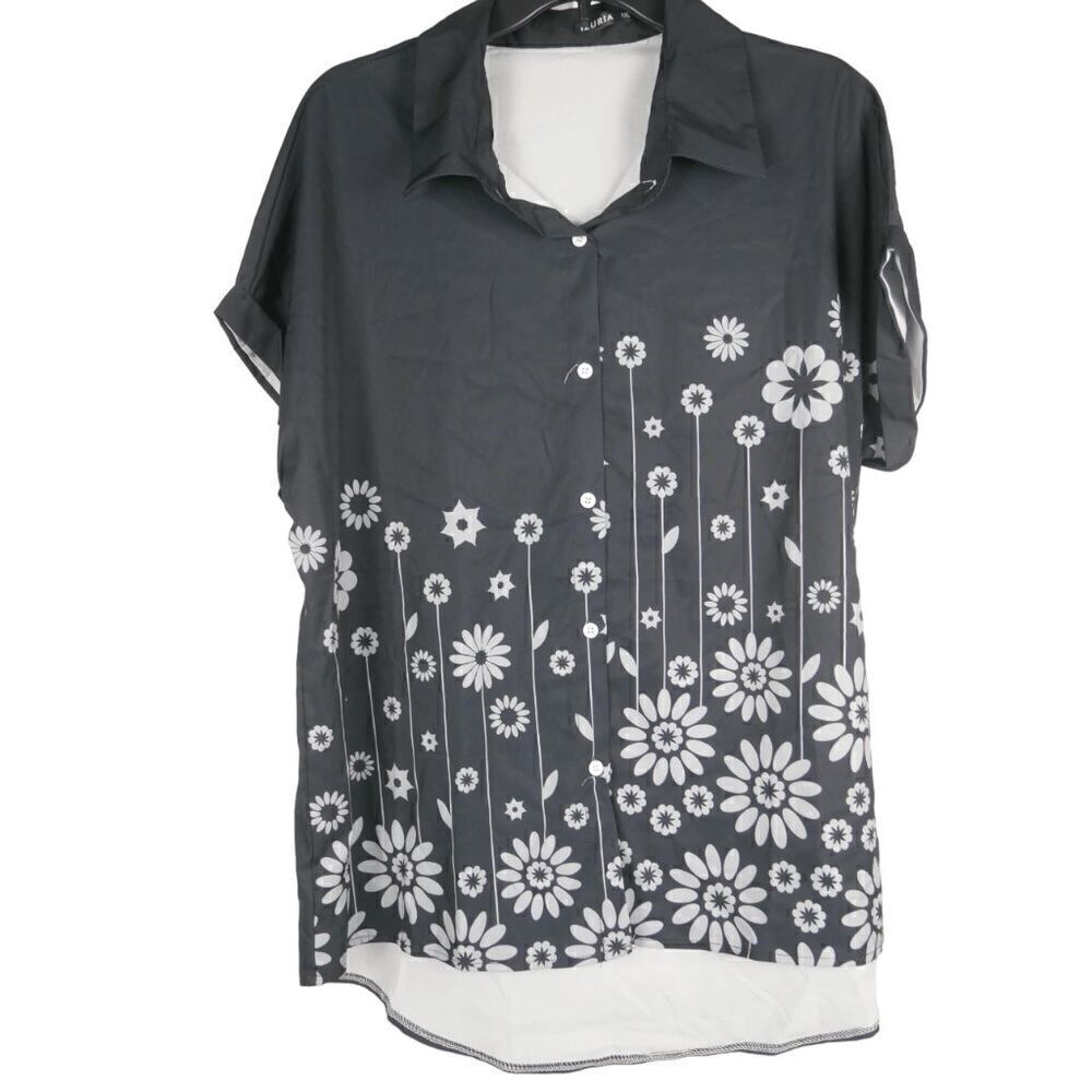 Women's Black Floral Print Short Sleeve Button Down Shirt 1XL - Picture 1 of 6